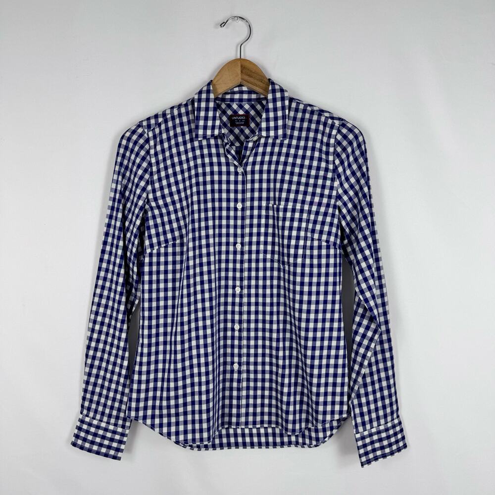 Untuckit Belleza Gingham Checkered Button Down Shirt Women's 2 Navy